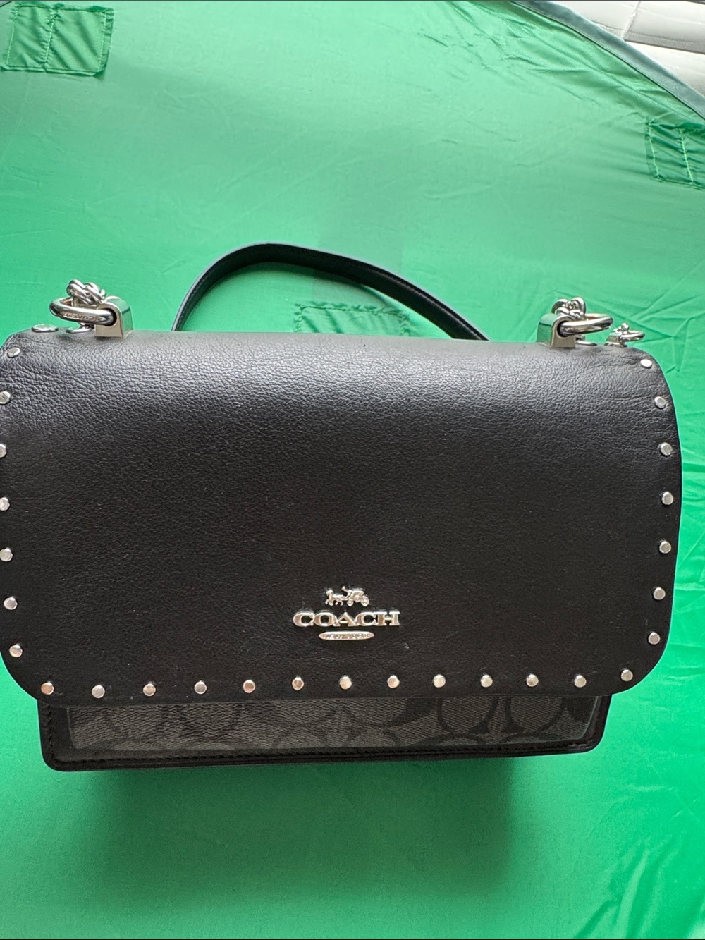 🖤Coach Black Leather 🖤& Signature Canvas Crossbody with Silver Studs - Picture 3 of 17